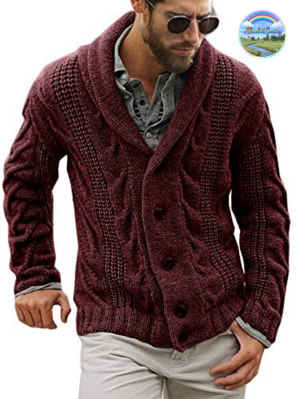 Mens Cardigan Sweater Cable Knit Shawl Collar Button Down Loose Fit
